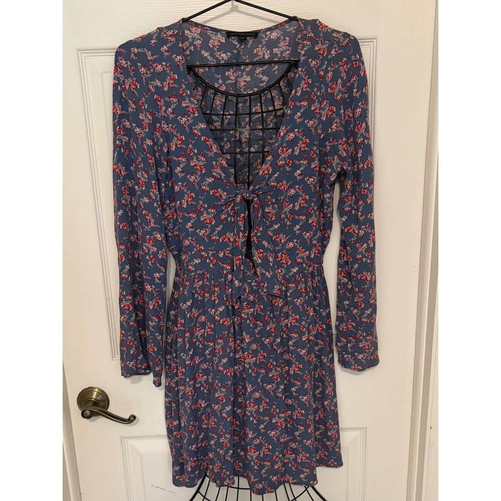 American Eagle Women's L Blue Floral Tie Front Long Sleeve Mini Dress